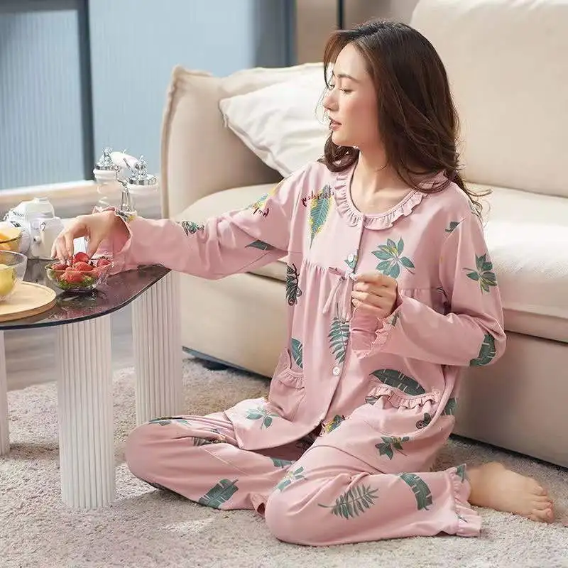 Two-Piece Set Women Home Clothes Spring Autumn Long-Sleeved Trousers Viscose Cotton Pyjamas Suits Women Sleepwear Homewear