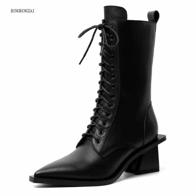 

2021 high quality hot sale autumn and winter ankle boots fashion lace pointed toe women's boots leather solid color shoes women