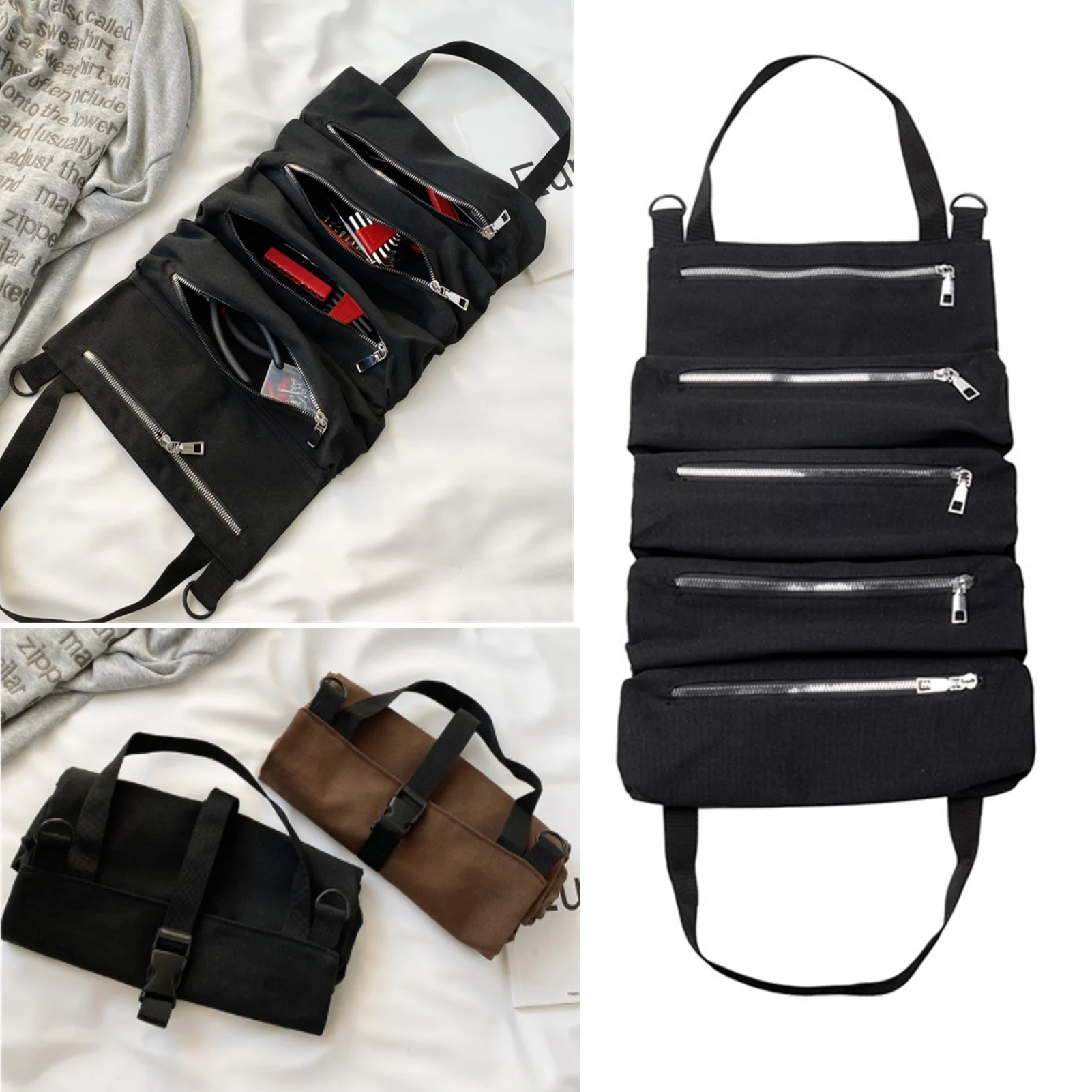

Roll Tool Bag Multi-Purpose Package Tote Bag Canvas Hanging Tools Organizer Zipper Carrier Tote Backpack Wrench Roll Pouch