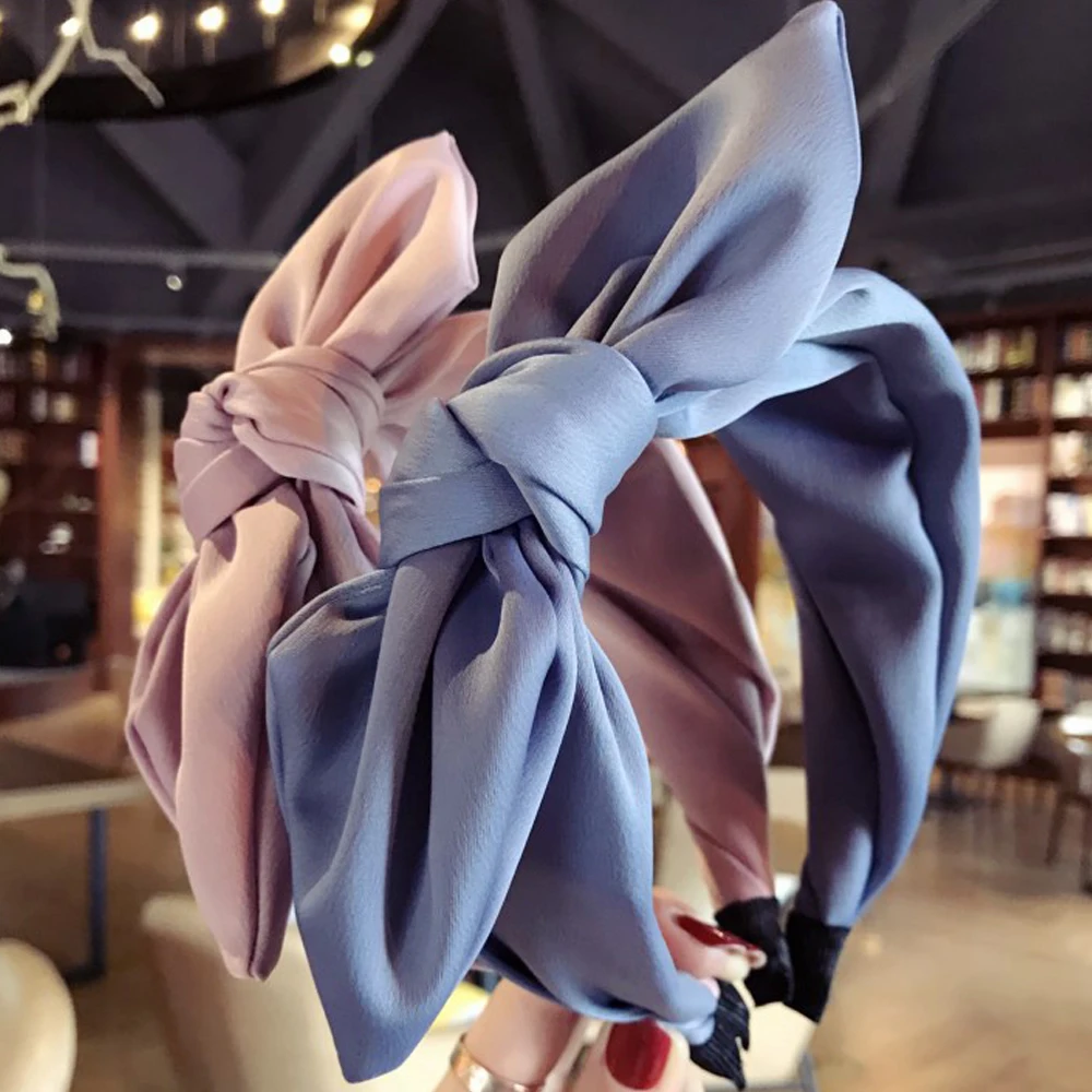 Повязка на голову женская с большим бантом тканевый широкий ободок контрастных