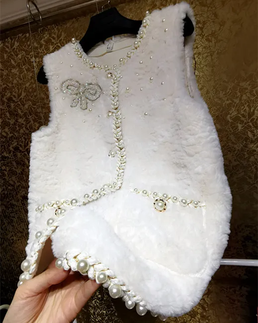 Модный плотный зимний paerl beaing меховой талией жилет Женская Блестящая теплая