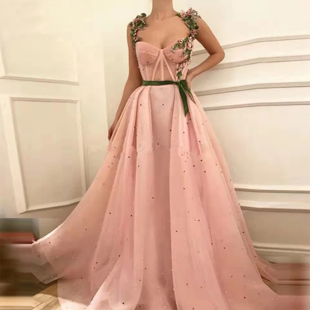 

Женское вечернее платье, розовое Тюлевое платье на тонких бретельках с 3D цветами