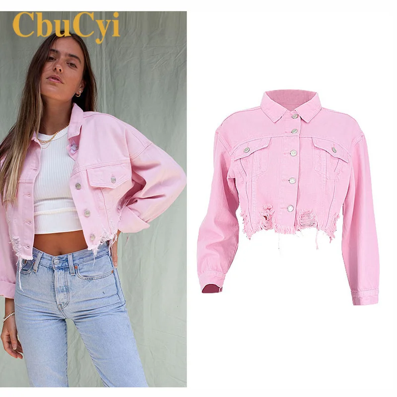 

Женская джинсовая куртка, свободная уличная одежда, короткая укороченная джинсовая куртка, женская одежда, повседневные рваные хлопковые д...