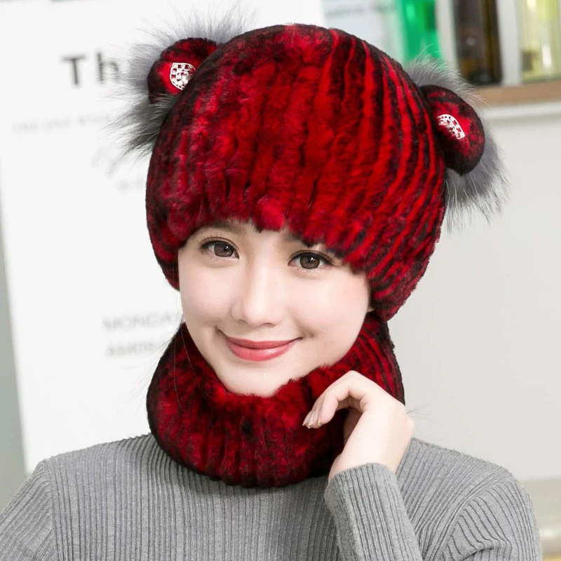 Меховая шапка женский зимний Настоящий мех кролика шапки с милыми кошачьими