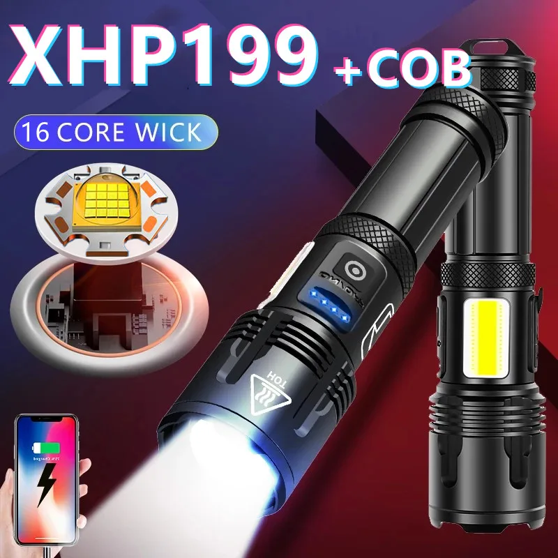 

Powerful XHP199 16 CORE LED Flashlight with COB Work Light 5000mAH USB Rechargeable 5Modes Zoom Torch Tactial Flashlights 18650