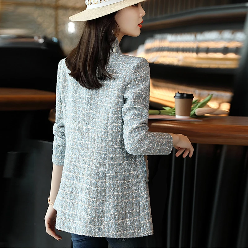 Autumn Winter New Plaid Woolen Coat Retro Double-Breasted Pure Color Tweed Jacket Elegant Women's Blazers Jacket s1267