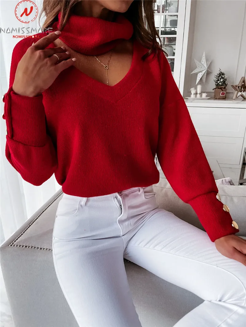 

Sexy Women Solid Color Sweaters Hollow Out Design Button Decor High Collar Long Sleeve Spring Autumn Casual Loose Pullovers Top