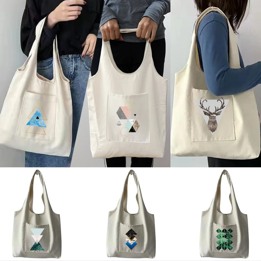 

Canvas Bag Women‘s Shopping Bags Shopper Shape Geometry Pattern Handbags Pure Cotton Tote Bag Portable One-shoulder Shopping Bag