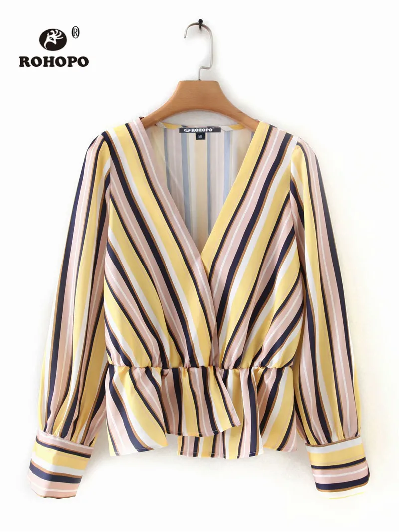 ROHOPO Lantern Long Sleeve Wrap V Collar Striped Tops Blouse Ruffled Hem Ladies Autumn Tunic Elegant Pullover Blusa Shirt #9007 |