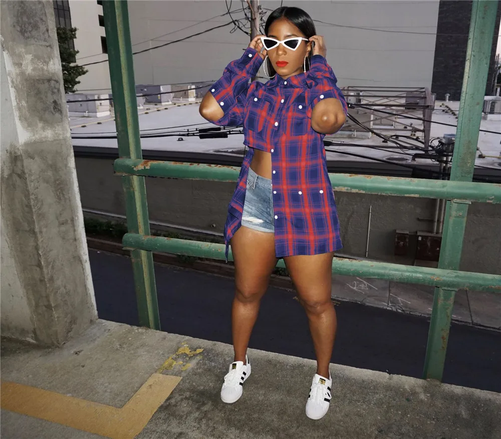 Streetwear Hip Hop Button-up Plaid Blouse Women Turn-down Collar Loose Oversized Blouse Shirts Ladies Casual Chic Top Blusas