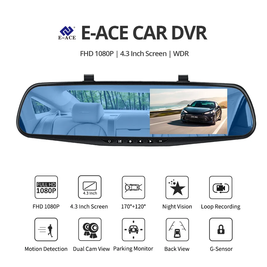 E-ACE Dvr Dash камера Автомобильный видеорегистратор зеркало FHD 1080P 4,3 дюймов двойной объектив с камерой заднего вида авто видео регистратор