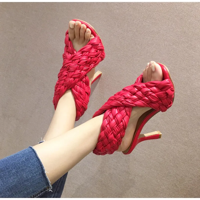 

Hjwsfdcai Fashion Sexy Thin High Heels Women's Sandals Soft Leather Weave Female Shoes Summer Casual Open-Toed Gladiator Sandals