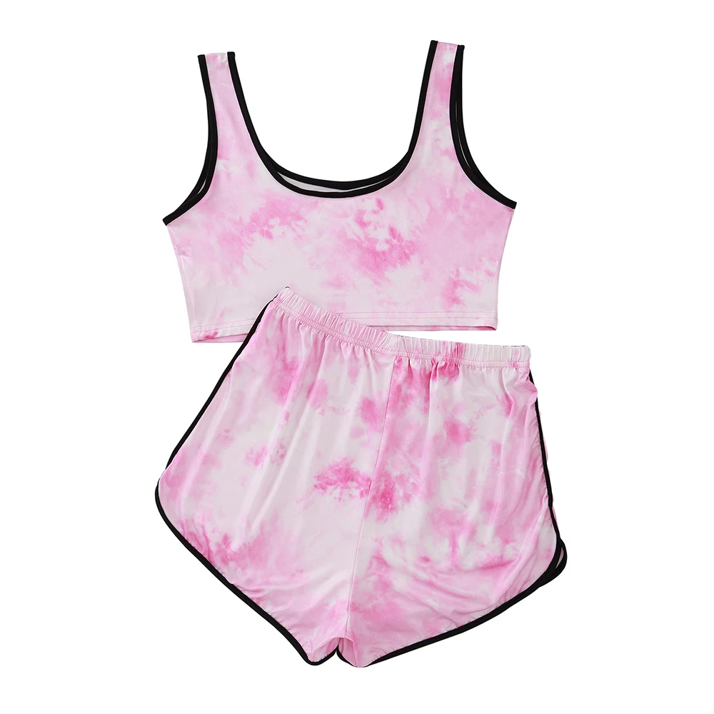 

Summer Tie Dye Printed Women Pajama Sets Sleeveless Crop Tank Top and Short Pants Sweet Girls Loungewear Clothing Two Piece Sets