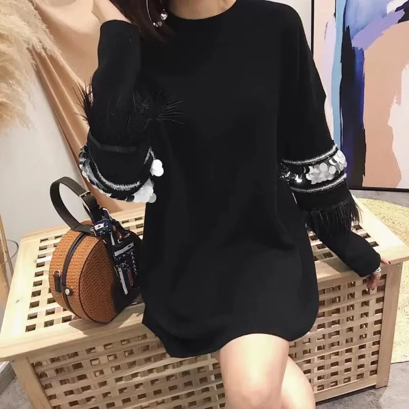 Женский кашемировый свитер с аппликацией элегантный длинный пуловер блестками и