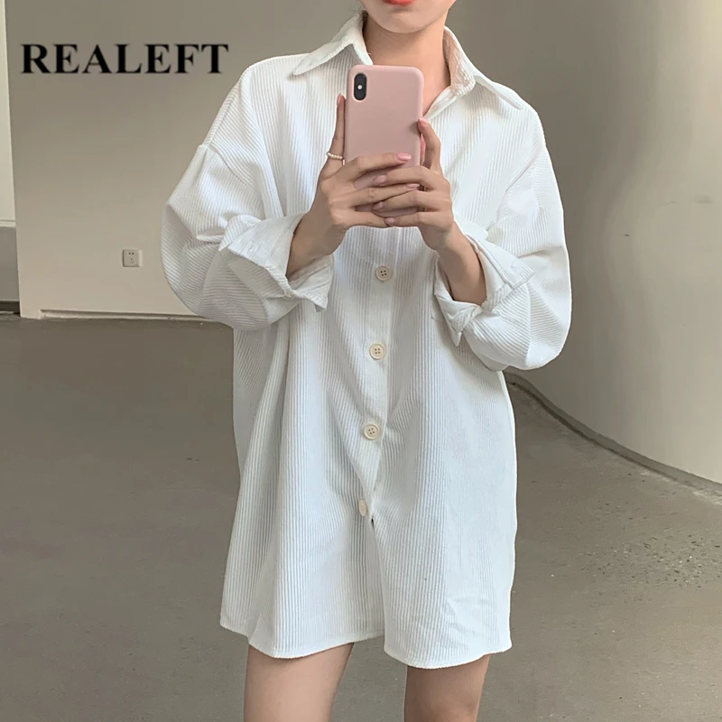 

REALEFT Autumn Winter One Pocket Corduroy Women's Blouse 2021 New Long Sleeve Turn-down Collar Solid Loose Long Shirts Female