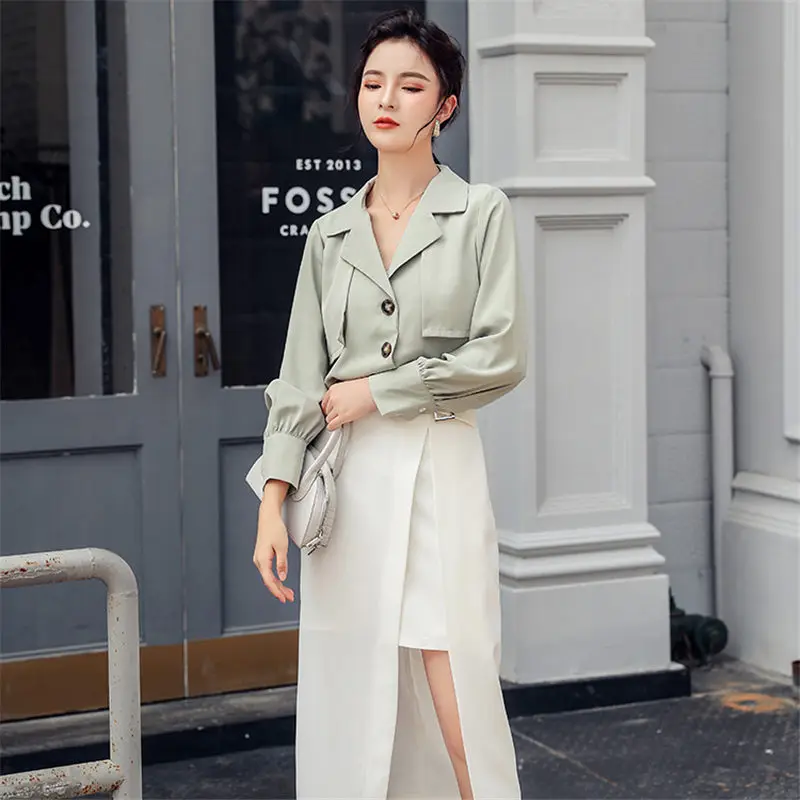 HziriP свежий зеленый осенний шифоновый милый 2019 Новый стильный офисный женский