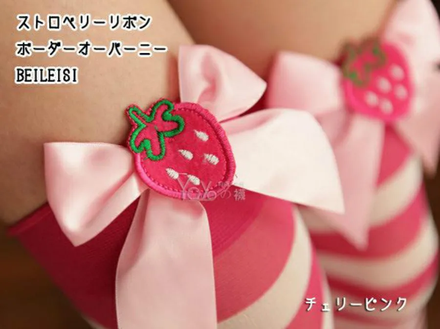 Женские бархатные гольфы полосатые чулки в полоску с клубничным бантом 20 денье