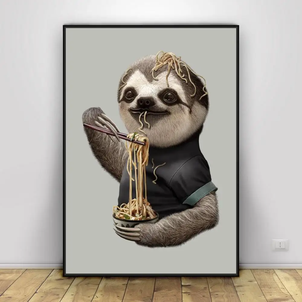 

Poster Canvas Painting Wall Artwork Print Sloth Eat Noodle Animal Wallpaper Nordic Modular Pictures For Children Room Home Decor