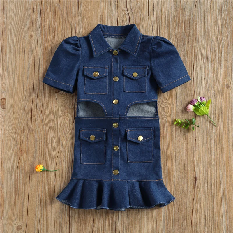 

One-piece Kid Baby Girls Vintage Denim Dress Lapel Short Sleeve Cut Out Buttons Ruffle Mini Dresses 1-6Y