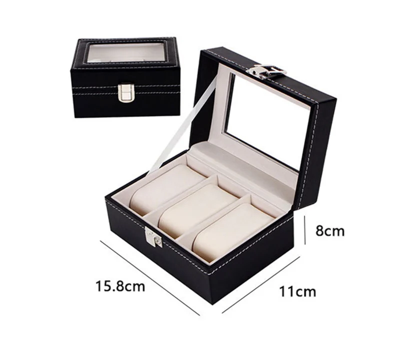 

Black color fashion men 3 grids luxury leather watch box 3 slots top quality watch organizer for men Watches WT-45