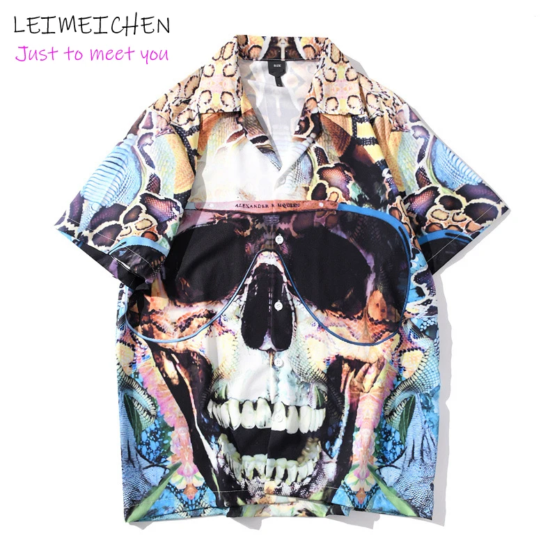 

LEIMEICHEN Retro Shirt Summer Men's Casual Vacation Hawaiian Short Sleeve Shirt Street Hip-Hop Skull Print Shirt XQ143