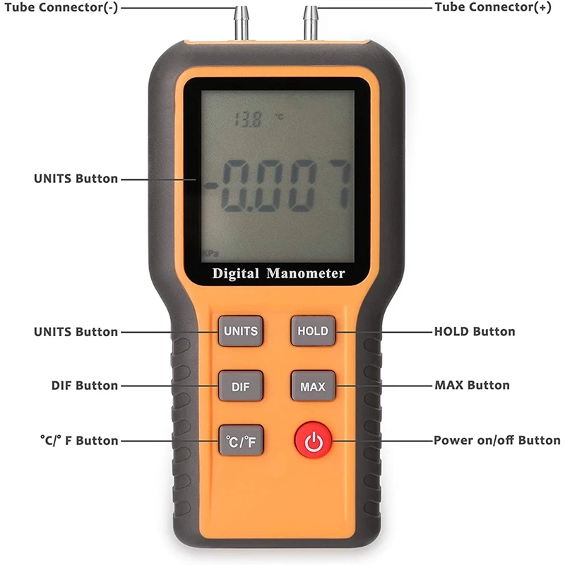 

Digital Manometer LCD Display Switchable 12 Pressure Units Adjustable Indoor Temperature Measurement Tool Pipes