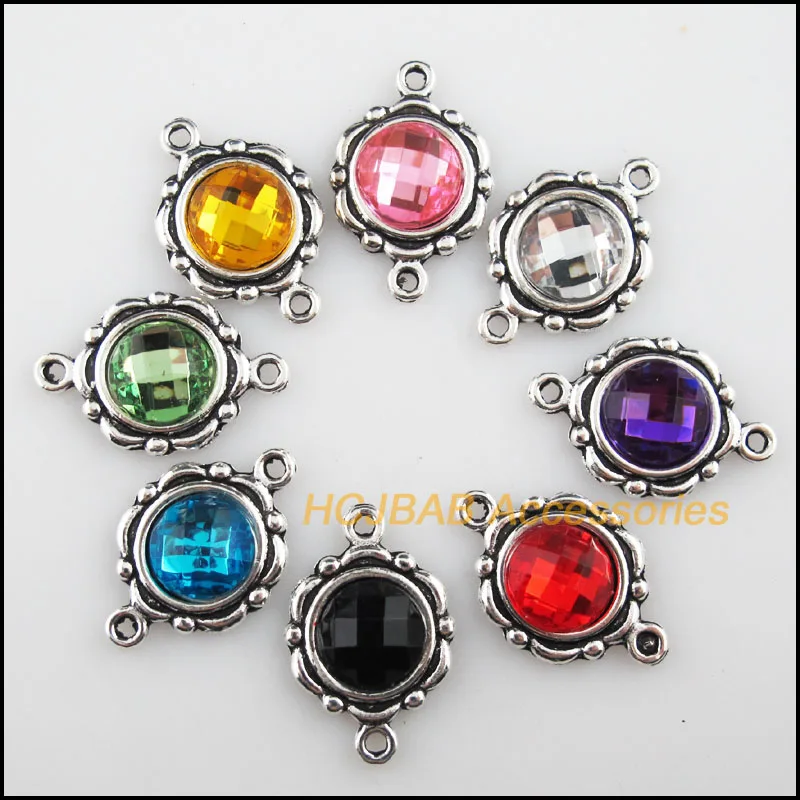 

16New Flower Charms Tibetan Silver Color Acrylic Mixed Round Connectors 15x23mm