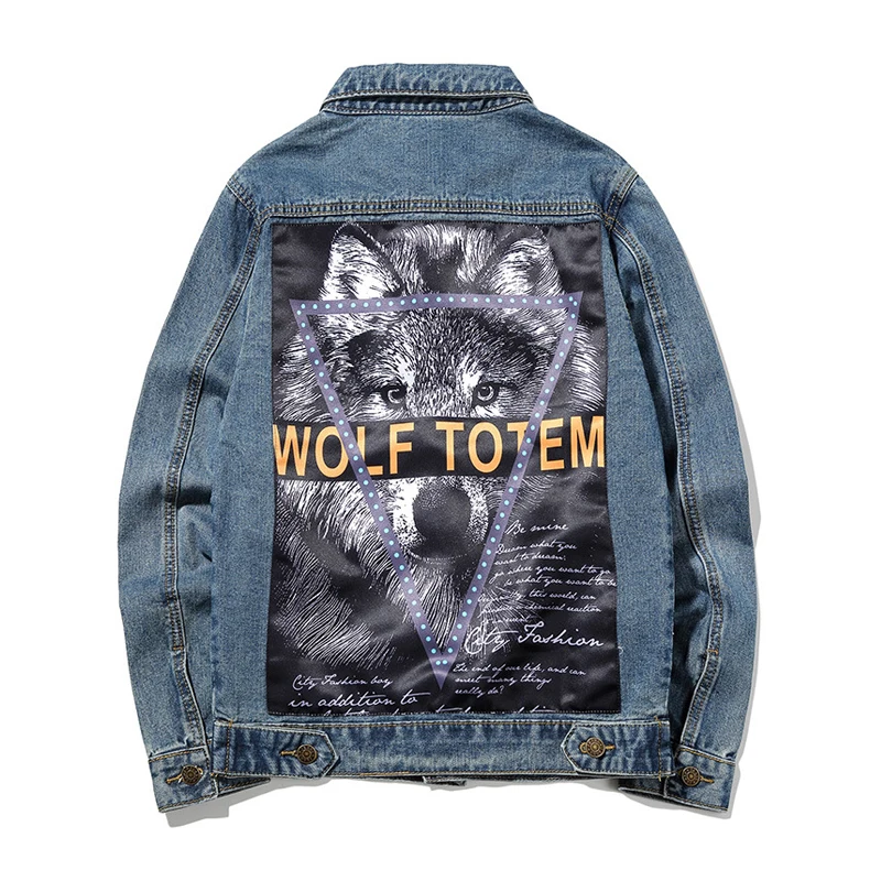 Мужские модные джинсовые куртки в стиле хип-хоп с принтом волка на весну и осень