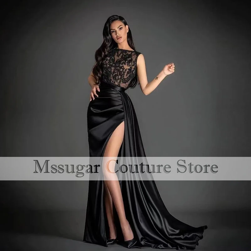 

2021 Elegant Black Mermaid Prom Dresses Illusion Appliques High Split Bestidos D Fiestas Largos