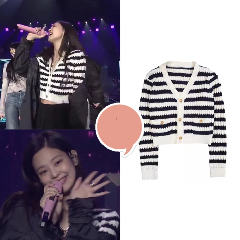 

Kpop Korea Celebrity Sexy Vintage V-Neck Long Sleeve Women Stripe Sweater Spring Short Knitted Cardigan Slim Tops Lady Outerwear