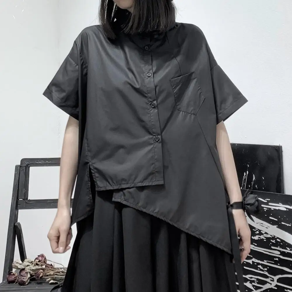 Женская Асимметричная рубашка с коротким рукавом вышивкой|Рубашки| |