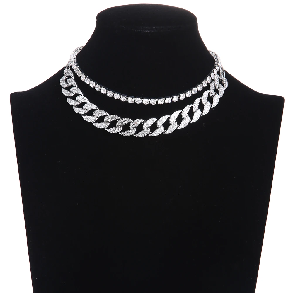 

Cuban Link Chain Rhinestone Choker Women Layered Necklace Set 2021 Sparkly Jewelry Luxury Chocker Jewellery Accessories