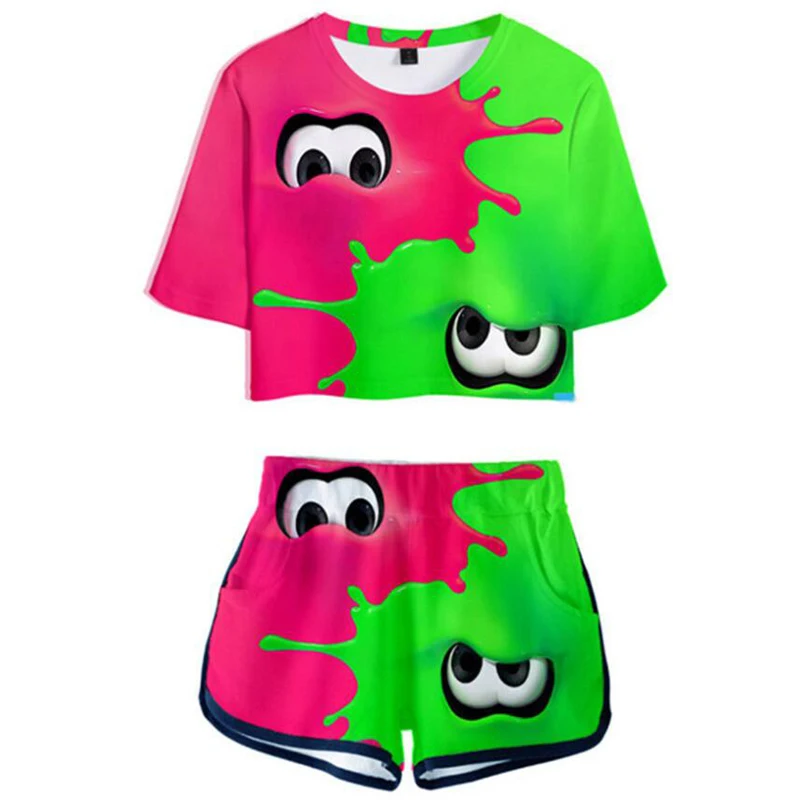 

Shooting Game Splatoon 3D Print 2 Piece Outfits for Women Crop Top Track Suit Two Piece Set Top and Shorts Set Ladies Tracksuits