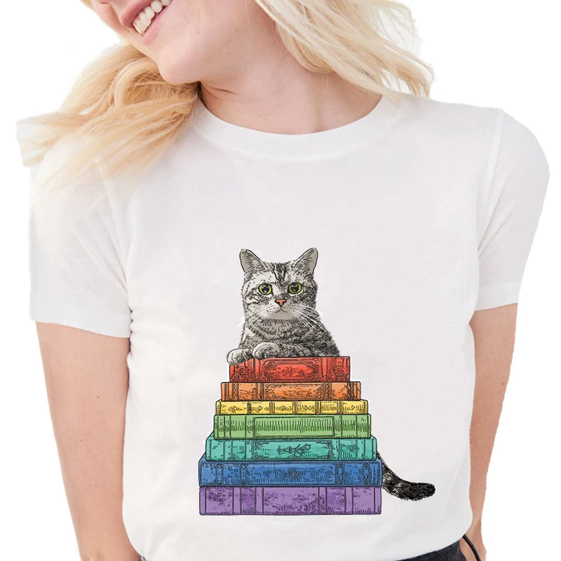 

Футболка женская с принтом радужной книги и кота, модный белый топ из мягкого хлопка с коротким рукавом, S1261, на лето