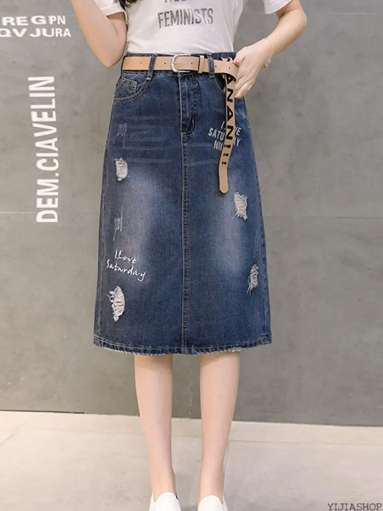 Новая летняя Высококачественная Свободная юбка джинсовая среднего размера с