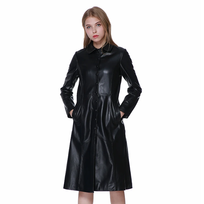 

Womens Casual Style Jacket Genuine Leather Coat Fashion Long Sheepskin Overcoat Femme Quality Clothes