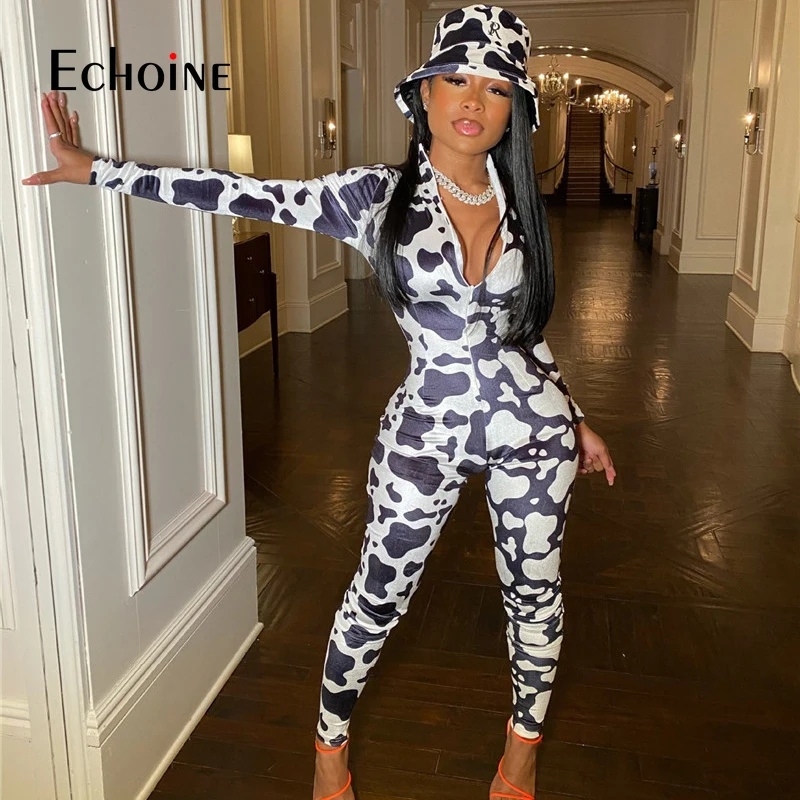 Женский комбинезон из спандекса с длинным рукавом и принтом коровы |