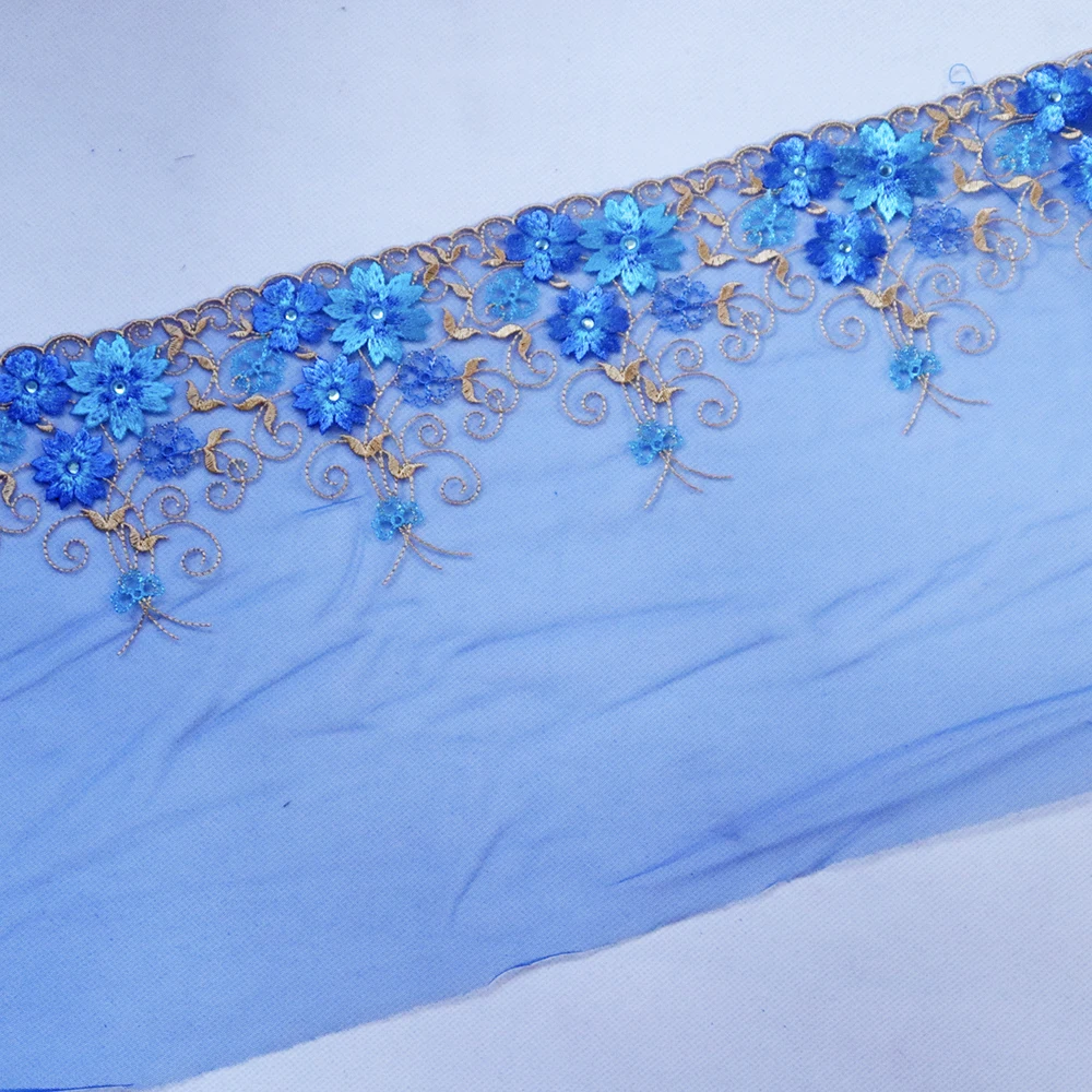 1meter 22cm Wide Blue Mesh flowers with Rhinestone embroidered lace trim Lingerie bra Dress Sleeve decoration DIY Lace Fabrics | Дом и сад