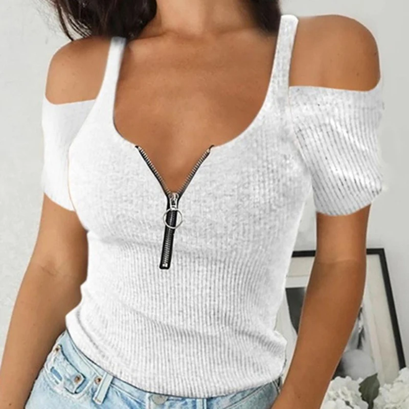 

Women Elegant Zip V Neck Short Sleeve Slim Tops Sexy Lady Solid Tee Shirt Streetwear Casual Shirt Blusa Dropshipping