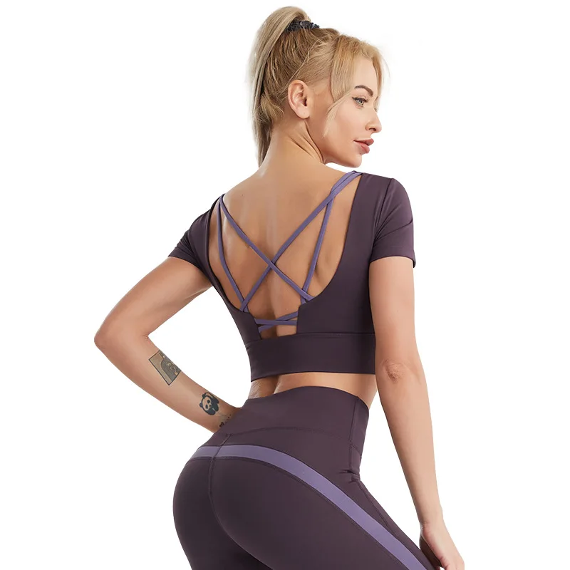 

America Cross Border New Yoga Wear Naked Women Sense Beauty Back Fitness Top Running Quick-drying Navel-exposed Sports T-shirt