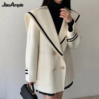 korean women autumn winter warm jacket navy preppy style student graceful wool coats lady fashion white casual loose outerwear