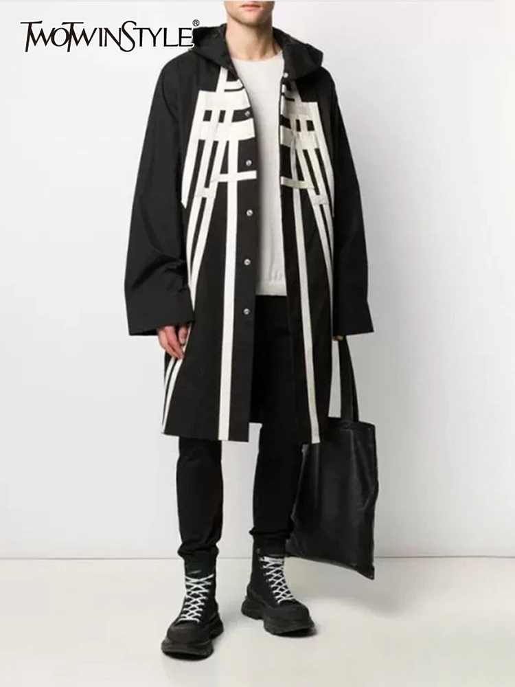 

TWOTWINSTYLE Patchwork Print Trench For Women Hooded Collar Loose Long Sleeve Single Breasted Coats Female 2021 Autumn Clothing