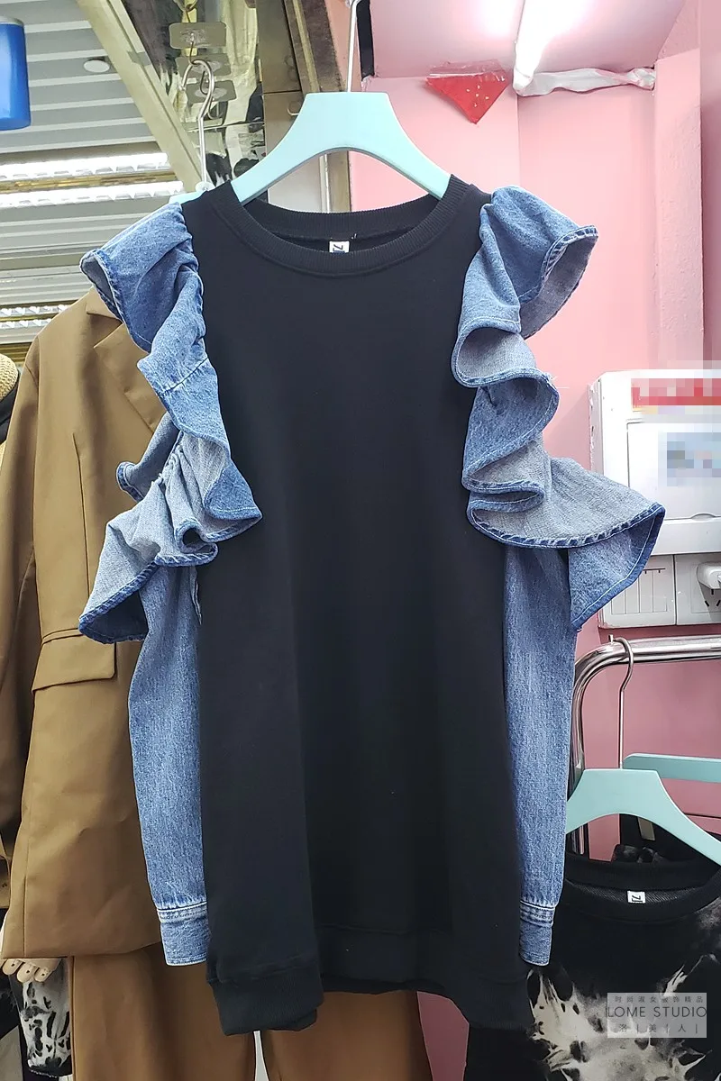 

European Style Loose Hoodie 2020 Autumn New Sexy Off Shoulder Denim Stitching Ruffled Sweatshirt Top Lady Coat