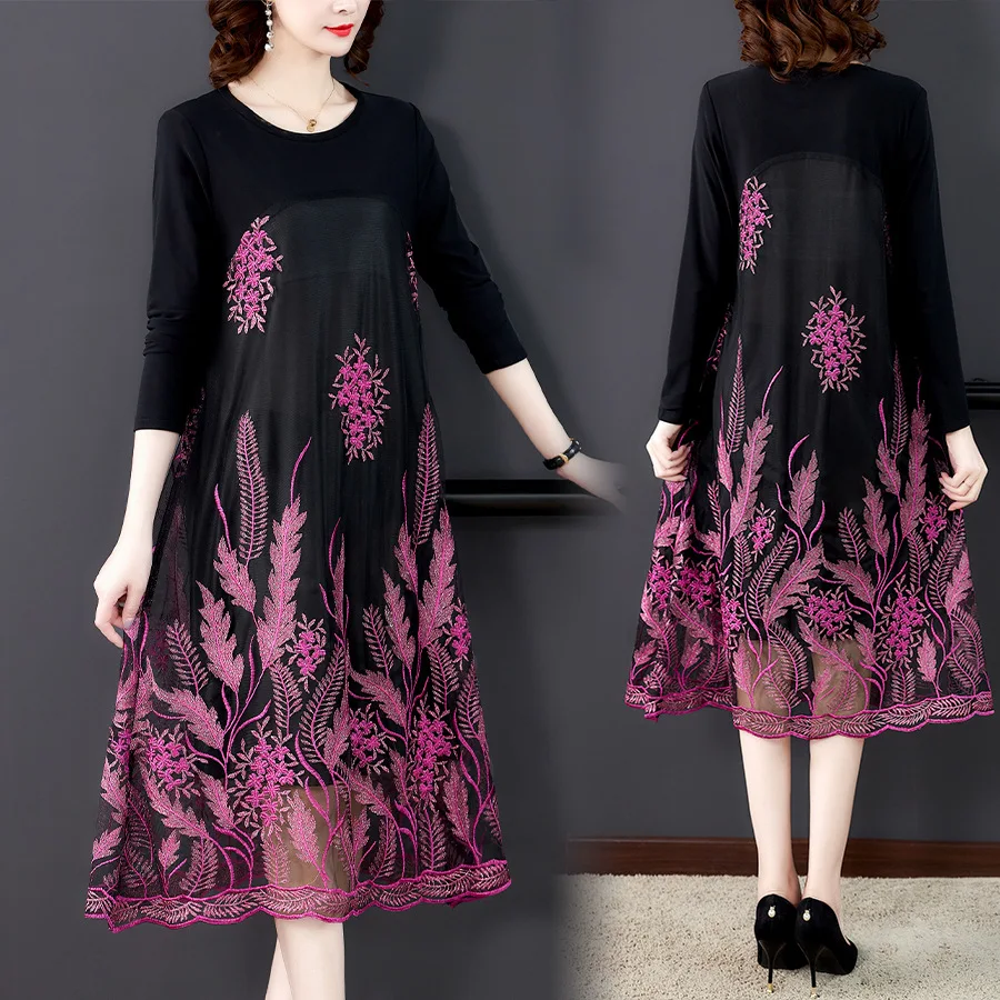 

Embroidered dress women2020 autumn new fashion loose print long sleeve dress large size L-5XL high quality and elegant vestidos