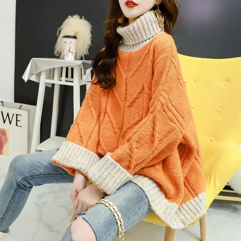 

2021 New Autumn Winter Thick Warm Ladies Loose Contrast Color Lazy Loose Women Short Long Sleeve Turtleneck Sweater Y283