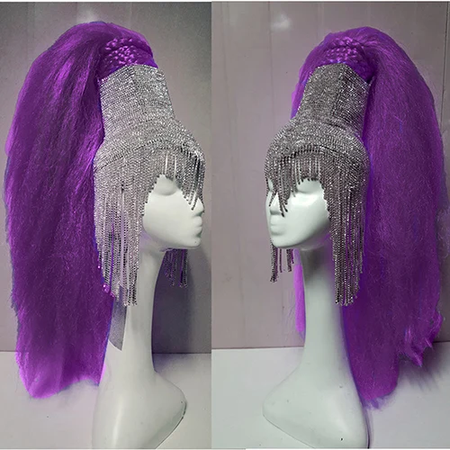 Purple Wig Голографическая горящий человек блестящие стразы парик головной убор части головы рейв сценический танцор Dj певица одежда шляпа с кисточкой костюмы - Цвет: Purple Wig