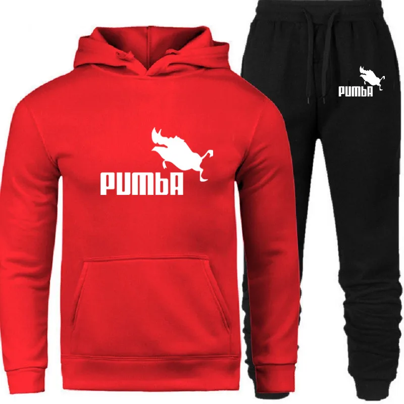 PUMBA, новая мода, мужские толстовки, костюмы, брендовый спортивный костюм для мужчин/женщин, толстовки+ спортивные штаны, Осень-зима, флисовый пуловер с капюшоном - Цвет: red
