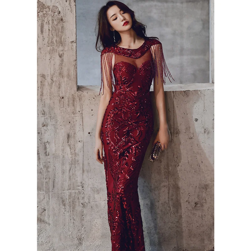 Женское вечернее платье с юбкой годе винно Красное Длинное Элегантное