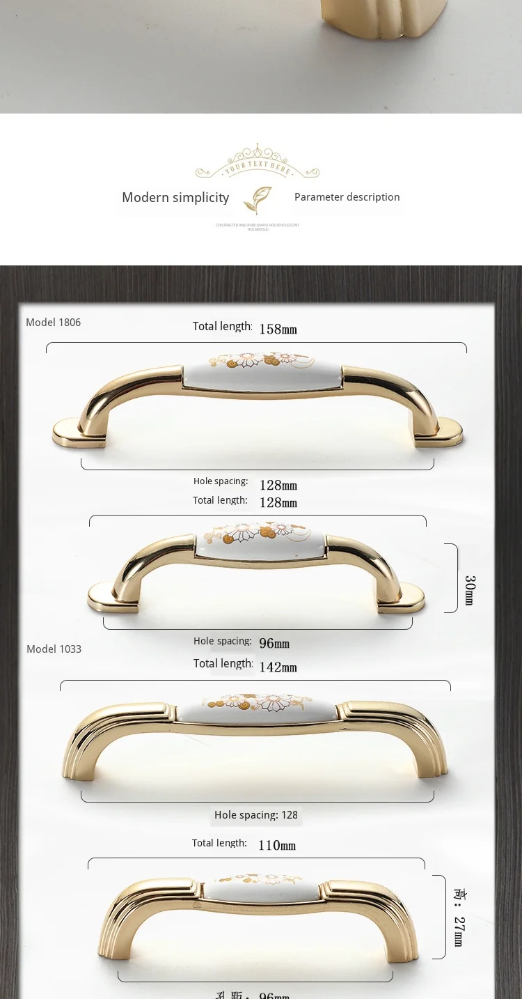 JD European Cabinet Wardrobe Door Single Hole Handle Gold Ceramic Handle Modern American Flower Pattern Drawer Furniture Handle