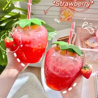 strawberry straw cup plastic cup cute female belt pendant milk tea cup student water cup water bottle water bottle
